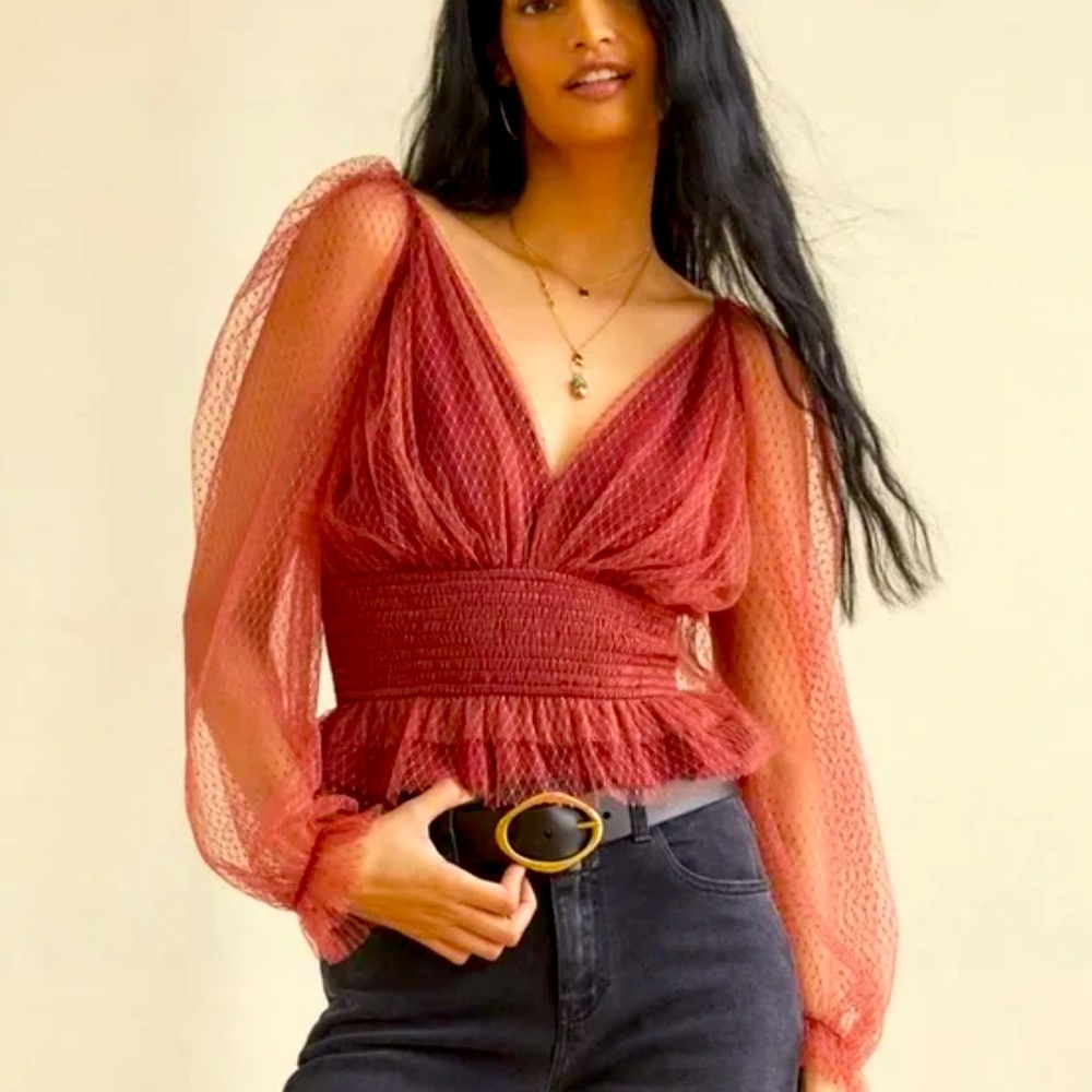Anthropologie Tulle Sheer Puff Sleeve Blouse